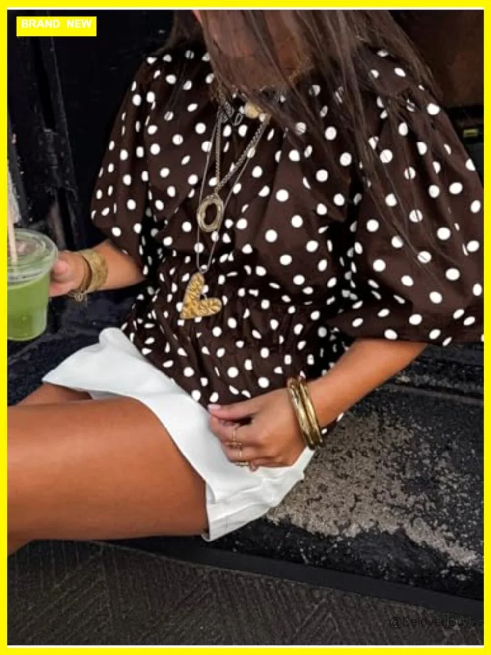 Polka Dots Peplum Top Puff Sleeve Round Neck Blouses Casual Shirts - Picture 4 of 7